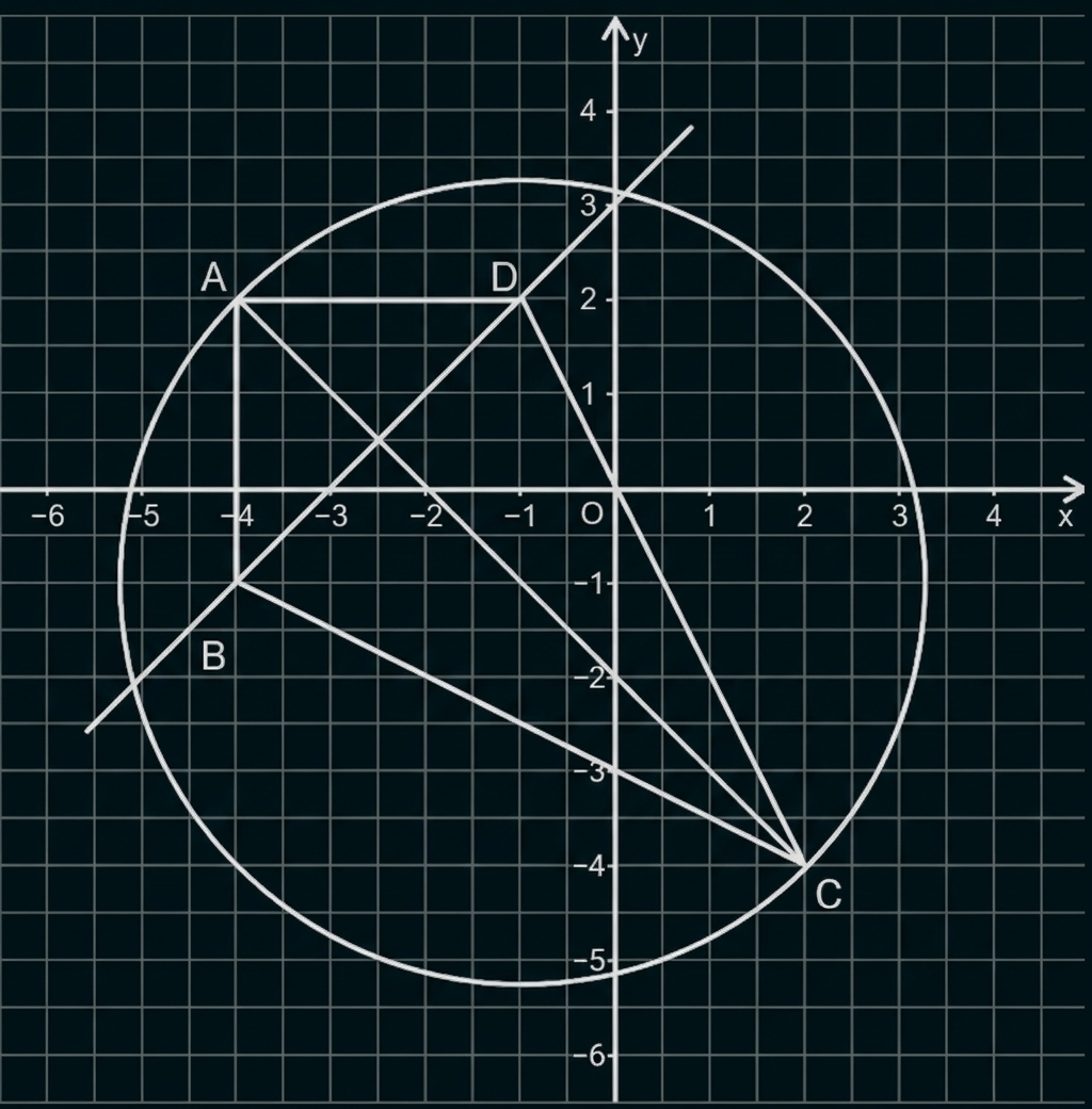 Koordinatensystem mit Kreis und eingezeichnetem Viereck mit den Punkten A, B, C und D.